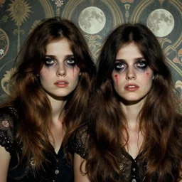 two handsome but sinister young women in layers of fear, with haunted eyes and wild hair, 1 9 7 0 s, seventies, wallpaper, a little blood, moonlight showing injuries, delicate embellishments, painterly, offset printing technique, by brom, robert henri, walter popp