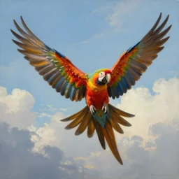 a beautiful realistic painting of a parrot spreading its wings and soaring to the sky, symetrical wings, ayahuasca, fantasy art style, trending on deviant art