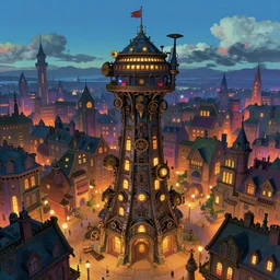 final fantasy, tower, steampunk, victorian city, view from a distance, view from below, glowing lights, epic fantasy, colorfully, digital art, highly saturated colors, concept art, detailed illustration, hd, 4 k, digital art, greg rutkowski, dan mumford, studio ghibli trending on artstation