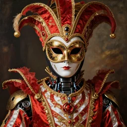 robot with a masquerade mask, venetian carnival, ornate, designed by Boston Dynamics, red and gold and white stripes, painting by Leonardo da Vinci and Artgerm