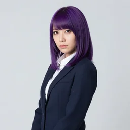 canon eos. iso : 8 0 0, shutter speed : 1 / 1 2 5, aperture : f / 1. 2. 3 / 4 turn portraiture pose. yearbook studio faculty and staff portrait of a beautiful gorgeous stern japanese purple haired female teacher who bears an uncanny resemblance to motoko kusanagi.