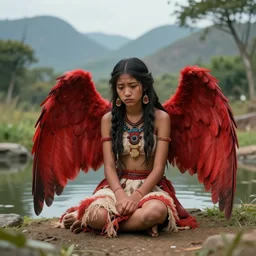 prompt Young Harpy-Girl, red feathered wings for arms, humanoid woman, inka clothes, mythological harpy, sad expression, sitting at a pond, mountainous area, trees in the background, digital art