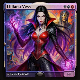 a ultradetailed painting lilliana vess vampire queen planeswalker aleksi bricolt, red black purple leather outfit energy hands long black hair gradient with by karl kosinski mc escher gottfried helnwein magic the gathering art layout, futurism, vibrant colors zbrush sharp focus