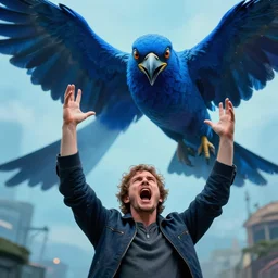 a cinematic poster photo of 8 k ultra realistic man with his hands up yelling shouting at a giant blue bird, exotic, cinematic lighting, trending on artstation, 4 k, hyperrealistic, focused, high details, unreal engine 5, cinematic,, 3 d render by beeple