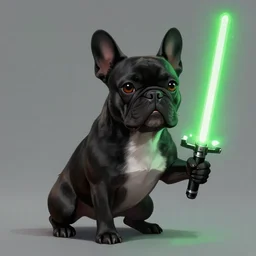character concept portrait, black french bulldog holding vertically green lightsaber. in the style digital painting, concept art, smooth, sharp focus, illustration, from metal gear, by ruan jia and mandy jurgens and william - adolphe bouguereau, artgerm