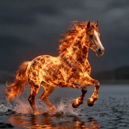 horse made of fire running on water