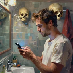 a beautiful picture by joram roukes of a man looking at his phone in a bathroom, color bleeding, brushstrokes by jeremy mann, head skull