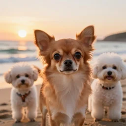 a cute brown long haired chihuahua cocker spaniel and a bichon frise at the beach. sunset, surf. brightly lit. closeup photograph. unreal engine