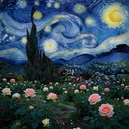 a great garden and rose, starry night, serene landscape, silcence, by beeple, hiroshi sugimoto ，, highly detailed, unreal engine, ultra hd, trending on art - station