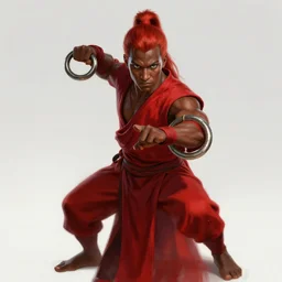 Full body Picture of a Battle Dancer, arab inspired, wearing two metallic rings, dark brown skin, light red hair, waist reaching ponytail, crimson attire, exposed midriff, battle, detailed face features, dark green eyes, D&D, by artgerm and Craig Mullins, James Jean, Andrey Ryabovichev, Mark Simonetti and Peter Morbacher, matte painting, trending on artstation, artstationHD, artstationHQ, octane, full HD, 16K, alluring
