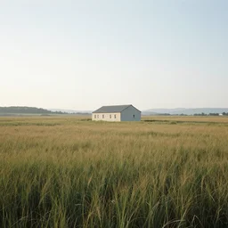 A serene landscape with a singular building in the style of Craig J Spearing.