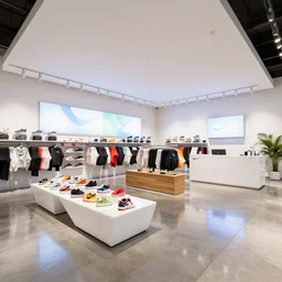architectural photography, 8 k, realistic lighting, reflections, bloom, hyperdetailed environment, pbr materials. large nike boutique flagship retail. white walls. polished concrete floor. display tables with colorful shoes and varied clothes. bright digital screens on walls. low ceilings with downlights and spots. white corian and oak furniture. impressive counter. ( plants )