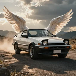 Toyota Trueno, angel aura with wings, realistic, car