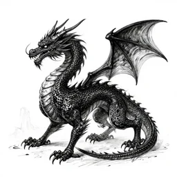 ancient black dragon, sketch, ink drawing, black on white
