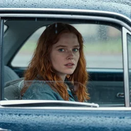 A very high resolution image from a new movie, inside of a car, red hair woman, raining, hot, directed by wes anderson