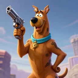 Scooby Doo holding a gun, anime,  trending on artstation, highly detailed, 8k, beautiful, dynamic lighting, realistic fur