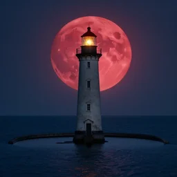 lonely lighthouse in a moon shaped pool, style by ayvazovsky and stanley kubrick, cinematic lighting, more details, hyper realistic, red moon n - 5 s - 1 5 0