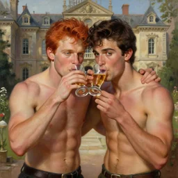 attractive muscular mike with ginger hair with attractive tyler with brunet hair, drinking their hearts out, in their noble mansion. image defined to the maximum, highly detailed painting by gaston bussiere, craig mullins 8 k