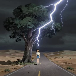a study of a cell shaded cartoon of lightning hitting a tree at night on a desert road, full body, wide shot, very muted colors, post grunge, studio ghibli, laurie greasley, highly detailed, deviantart, art by artgem