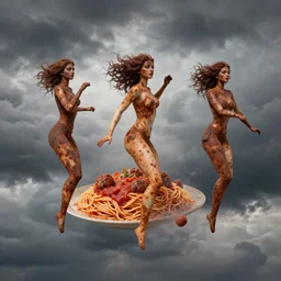 3 0 perfect woman bodies flying inside spaghetti bolognesa with meatballs and hundred rusted perfect woman bodies flying in stormy clouds