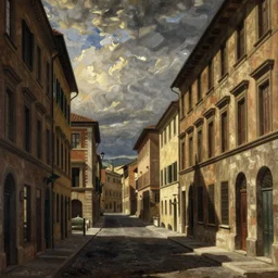 the view down a street, buildings in rome by girolamo da catignola and martinus rørbye