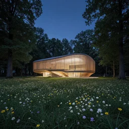 architecture by benedek vass, forest at night landscape tron flowers meadow fisheye, archdaily, wallpaper, highly detailed, trending on artstation.