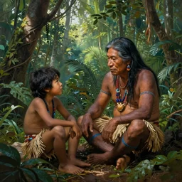a beautiful painting of an amazonian indigenous grandfather sitting with his grandson, telling stories in the jungle, matte painting, art by christophe vacher