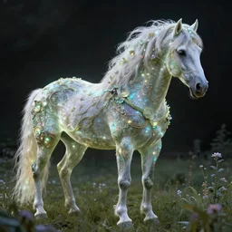 a stunning horse with a mane of bioluminescent vines and flowers running through a meadow by greg rutkowski, high key lighting, volumetric light, digital art, highly detailed, fine detail, intricate, ornate, complex, octane render, unreal engine, photorealistic