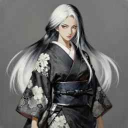 painting by krenz cushart!!, full body of a samurai woman with sidecut white and black and white gradient hair and black and white flowery kimono, stern look, finely detailed features, intricate brush strokes, beautiful lighting, trending on pixiv fanbox.