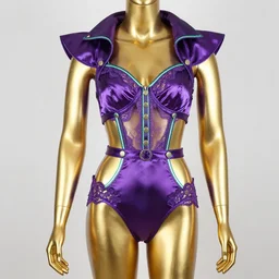 product photo of a golden shiny mannequin wearing an asymetric shiny purple silk aztec fetish jumpsuit with cutouts and lace with many belts and buttons with green glowing neon edges, big collar, shoulder polster, - w 1 0 2 4 - h 1 0 2 4 - n 4 - s 1 5 0