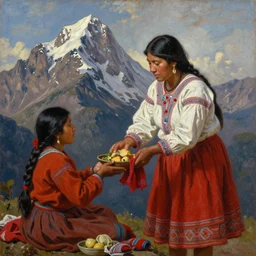 a beautiful painting of an incan woman exchanging food and fabrics at the top of a mountain with another woman, art by christophe vacher