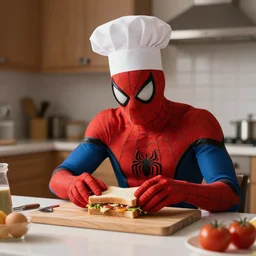 in a cozy kitchen, spiderman in a chef's hat prepares a sandwich on the table, realistic light, soft light, focus, depth of field, photorealism, 8 k quality, full quality, realistic style