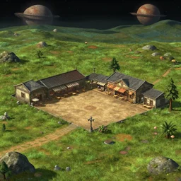 next to a open plaza area with a restaurant at the side, in a small outpost of only a few buildings, on an alien grassland, on an alien planet, from a space themed point and click 2 d graphic adventure game, set design inspired by hg giger and ridley scott and tomb raider, art inspired by thomas kinkade