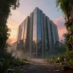 ground level, cathedral, smooth brutalist architecture, abandoned, empty streetscapes, overgrown jungle, natural volumetric light, mist, sunset, rusted steel, concrete, glass, stunning skies, scattered rubbish and debris, 8 k, finely detailed, unreal engine, imax, cinematic, beautifully illustrated, sharp focus, minimal artifacts, doom, greg rutkowski, artstation