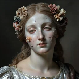 hyperrealism close - up mythological portrait of a medieval woman's shattered face partially made of corals and flowers in style of classicism, pale skin, wearing silver dress, dark and dull palette