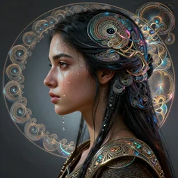 Sorcerer, Maya Ali, side profile portrait, sweat drops, fibonacci fractals, insane, prismatic, intricate, highly detailed, digital painting, artstation, concept art, smooth, sharp focus, illustration, Unreal Engine 5, 8K, art by artgerm and greg rutkowski and alphonse mucha