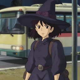 a wholesome animation visual key shot of a littlewitch in a bus stop waiting for a bus, studio lighting delicate features finely detailed perfect face directed gaze, gapmoe yandere grimdark, trending on pixiv fanbox, painted by greg rutkowski makoto shinkai takashi takeuchi studio ghibli