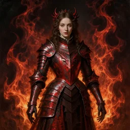 Gothic princess in dark and red dragon armor. By Rembrandt painting (1667), fractal flame, highly detailded