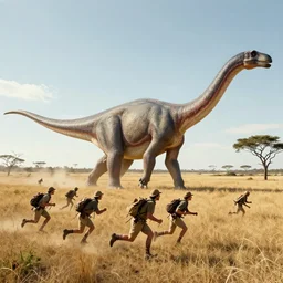 group of hunters chasing a diplodocus in the plain, hyper-realist