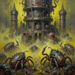 fine art oil painting varied muck jeweled, filthy, doubled, spiked, rugated armored ticks, snow tires, tiered, clawing & terrified as massive brutalist structures, claustrophobic cilia sporing pox, final battle failure, chartreuse mustard gas fog, by alex nino, h r giger, high resolution, hyper detailed, cinematic, ornate masterpiece,