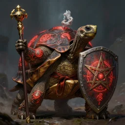a anthropomorphic tortoise with glowing red arcane runes painted on his shell, dressed like a cleric, holding a pentagram shield, award - winning 4 k fantasy artwork, franz frazetta