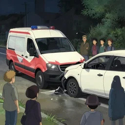 ambulances in a scene of a white car accident, people watching from the side, anime art, Greg Rutkowski, studio ghibli, dramatic lighting