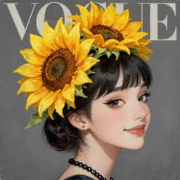 sunflower tiara, bold gothic eye shadow, korean audrey hepburn, vogue magazine, greg rutkowski, john singer sargent, trending on artstation, anime, oil painting, side profile portrait, looking right, joy, smile, intricate