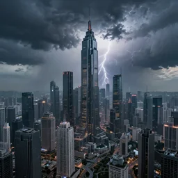 Wide shot of colossal futuristic megacity towering across the landscape, thunder storm, ((Ralph McQuarrie)), EOS-1D, f/16, ISO 200, 1/160s, 8K