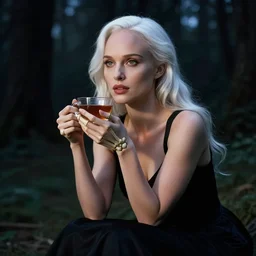 a beautiful woman with white hair wearing a black dress is sitting in the forest holding a cup of tea, skeleton fingers, natalie portman, beautiful face, beautiful eyes, beautiful lips, elegant, beautiful, dimly lit, dark sky, volumetric lighting, cinematic lighting, unreal engine, trending on artstation, style artgerm, by greg rutkowski