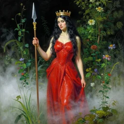 a tall woman with very black hair with a spear in her hand and a crown on her head, red dress, natural background composed by green plants and flowers, gel pen, painting, fine art, paint, wet paint, digital art, fotocollage, mosaic, light art, warm color palette, neon, triadic - colors, tones of black in background, high contrast, 2. 5 d, angelic, shiny, soft body, iron, damascus steel, gold, felt cloth, snow, fog, mist, grass, moss, by camille corot, by ivan shishkin