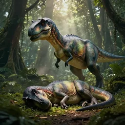 monster hunter guildmarm examining a sleeping dinosaur in the jungle, natural lighting, moody shadows, god rays, faint dust in the air, DSLR photo, 4k