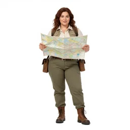 A white background portrait of a curvy female explorer holding a map, full body shot, fantasy, mountainous terrain, action shot, by Yue Wang, trending on artstation, Patreon reward