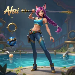 character sheet render of pool party Ahri (wild rift). 3d, octane render, realistic, highly detailed, trending on artstation