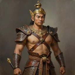 tai warlord dressed as king ramkhaheang of sukhothai, close portrait, historical, ethnic group, traditional tai costume, sukhothai headset, leather shoulder armor, fantasy, intricate, with leather armor cross onbare chest, elegant, loin cloth, highly detailed, oill painting, artstation, concept art, matte, sharp focus, illustration, hearthstone, art by earl norem